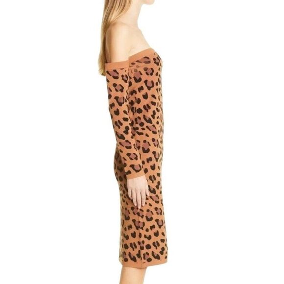 L'Agence Felicia Off Shoulder Leopard Print Sweater Dress Sz L Black Brown NEW - Picture 4 of 10
